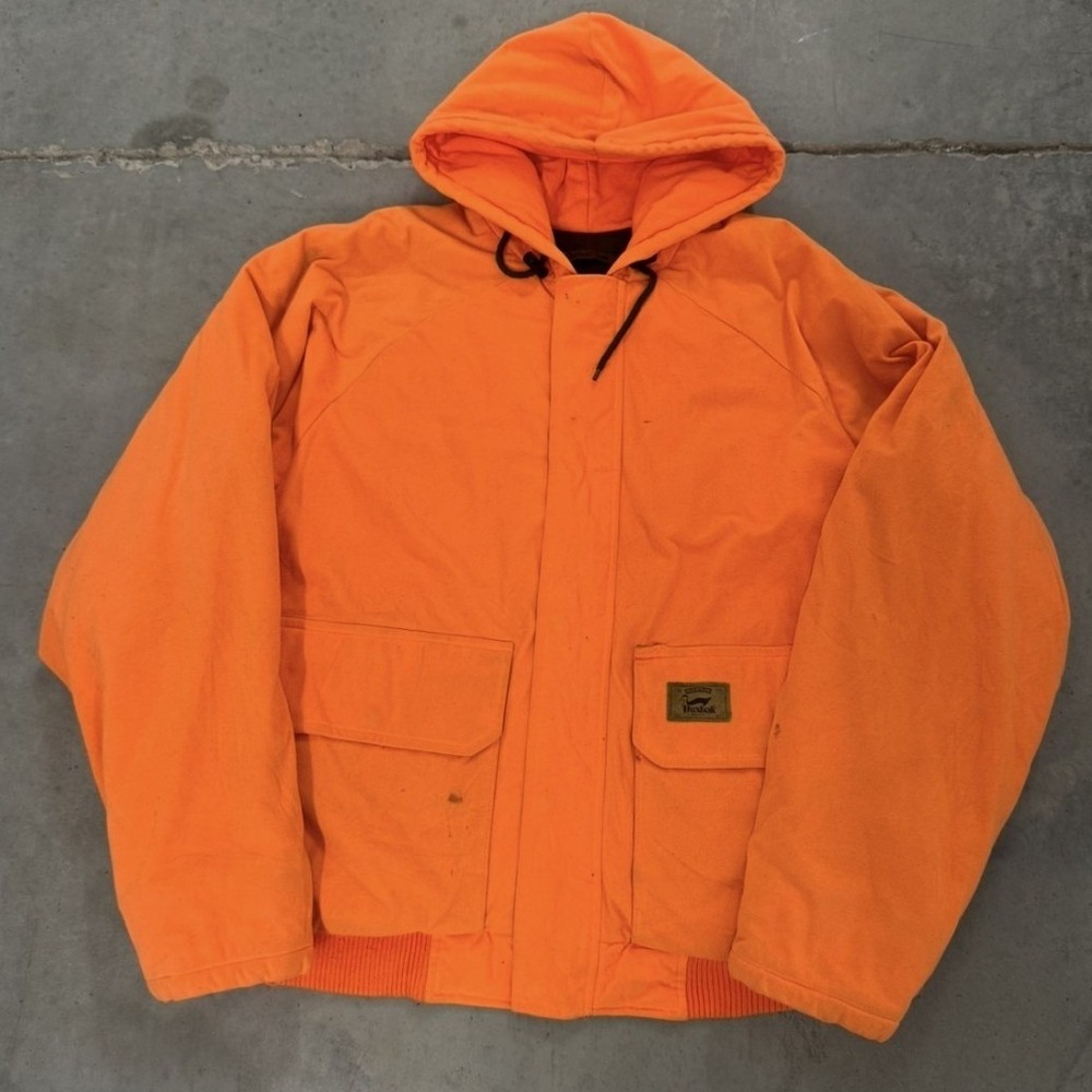 Duxbak Blaze Orange Hunting Jacket Hooded Canvas Bomber Quilted Lined Mens Large